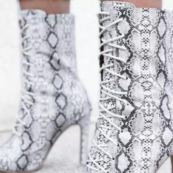 Snake Vegan Leather Lace Up Sexy Stiletto Boots - Picture 3 of 7